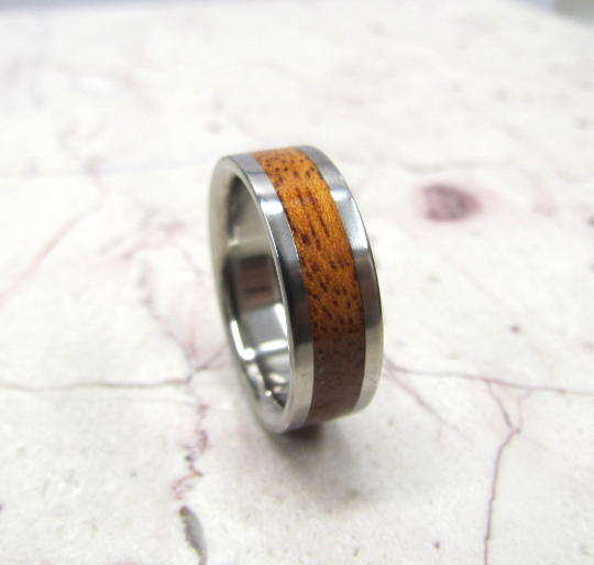 Titanium Ring with Exotic Koa Wood Polished Edge Design Mens or Ladies HandCrafted WEDDING Band Any Size 4-17 & 1/4 sizes