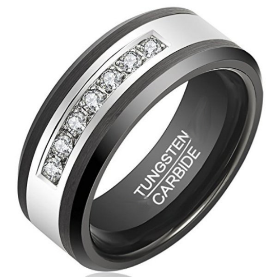 7 Genuine Diamonds Tungsten Ring Black & White Wedding Band Beveled Edges 8mm Comfort Fit Size 7 7.5 8 8.5 9 9.5 10 10.5 11 11.5 12 12.5 13