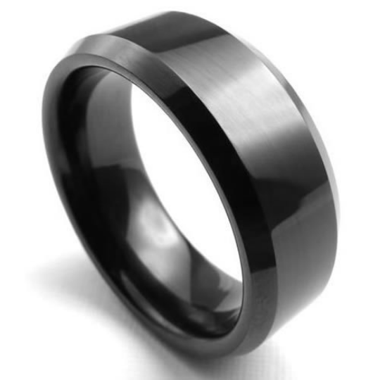 8mm High Polish Matte Finish Tungsten Carbide Men's Ring Color Black Finish Beveled Edge Design Sizes 6 7 8 9 10 11 12 13 14 and Half Sizes