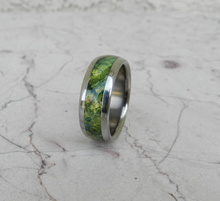 Tungsten Ring Green Maple Burl Wood Mens or Ladies Wedding Band in sizes 4-17 HandCrafted in U.S.A.