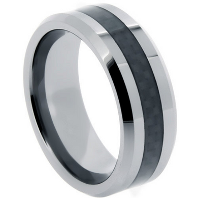 Tungsten Rings Black Carbon Fiber Inlay Wedding Bands 8mm Wide Comfort Fit Size 10 12 13 14