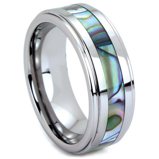 Tungsten Wedding Band His and Hers 6MM & 8MM Abalone Shell Inlay Unique Design Polished Ring FREE gift Box Size 5 to 13