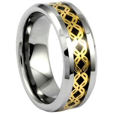 Tungsten Ring 8MM IP Gold Crisscross Pattern Over Black Carbon Fiber Polished Design Wedding Band Sizes 8 9 10 11 12 13