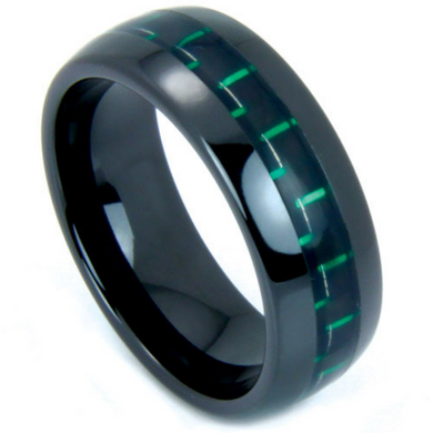 Green Carbon Fiber Ceramic Black Wedding Band 8mm Width High Tech Design Ring Sz 7 - 13