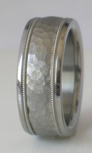 Custom Made Titanium Wedding Band with Tungsten Hammered Inlay Ring with Milgrain Design Available in mens and womens sizes 4-18