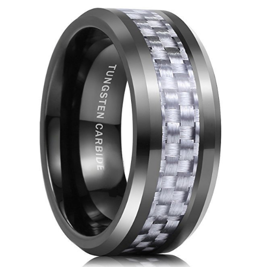8mm Black Tungsten Wedding Band White Carbon Fiber Inlay Beveled Edge Unisex Sizes 7 7.5 8 8.5 9 9.5 10 10.5 11 11.5 12 12.5 13 13.5 14