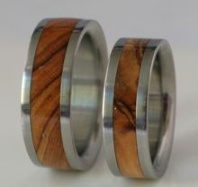 Titanium Wooden Wedding Band Set of TWO Custom Made Rings Inlaid with Bethlehem Olive Wood from the Holy Land Available in size 4-17