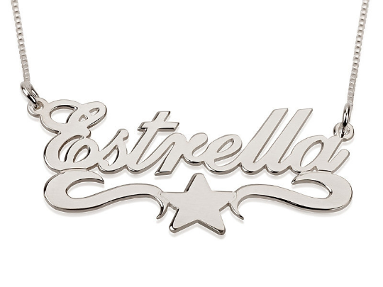 Custom Name Necklaces in 14kt White Gold or 14kt Yellow Gold Sara Ashley Estrella Andrea Carrie Samples Create your Own Names with Box Chain